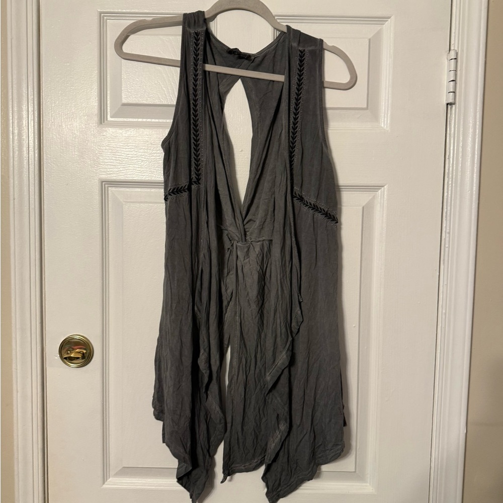 POL Sleeveless Draped Open-Front Tank Top - Gray